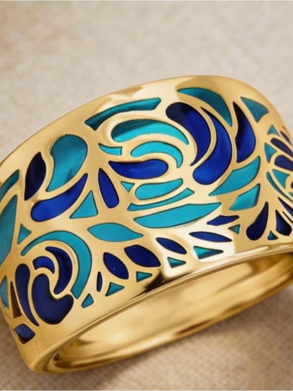Gold Tone Ring with Blue & Turquoise Enamel Wave Design